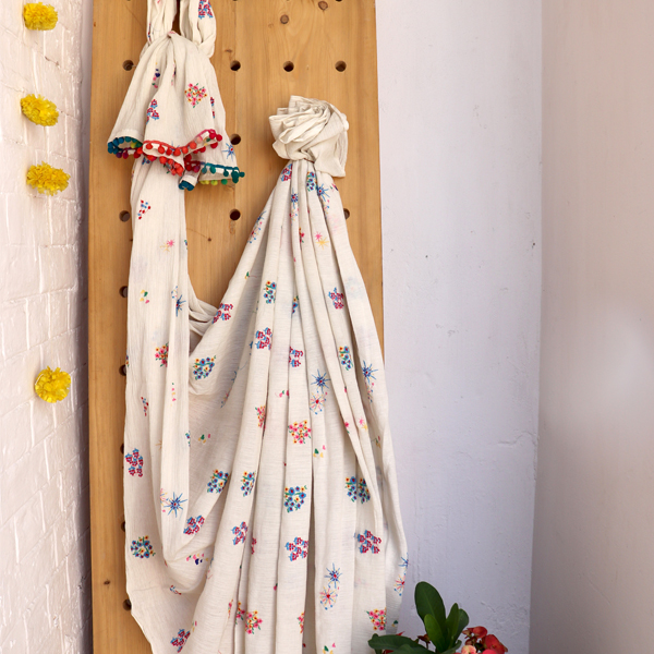 Kirgiti's Over All Multi Colored Embroidery Cotton Gauze Saree